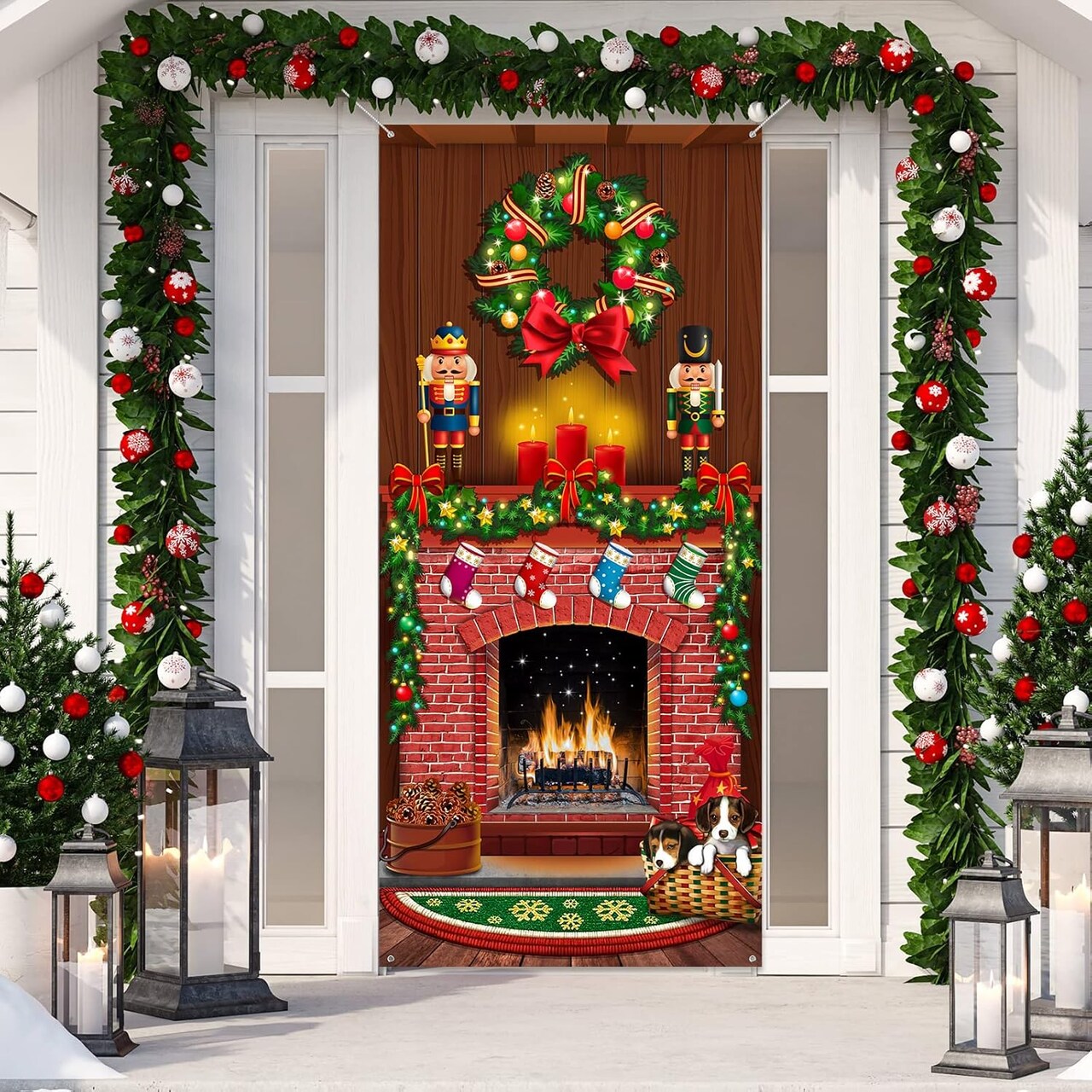 Merry Christmas Door Cover Christmas Fireplace Door Cover, 6.5 x 3 Feet(Red, White, and Gold)